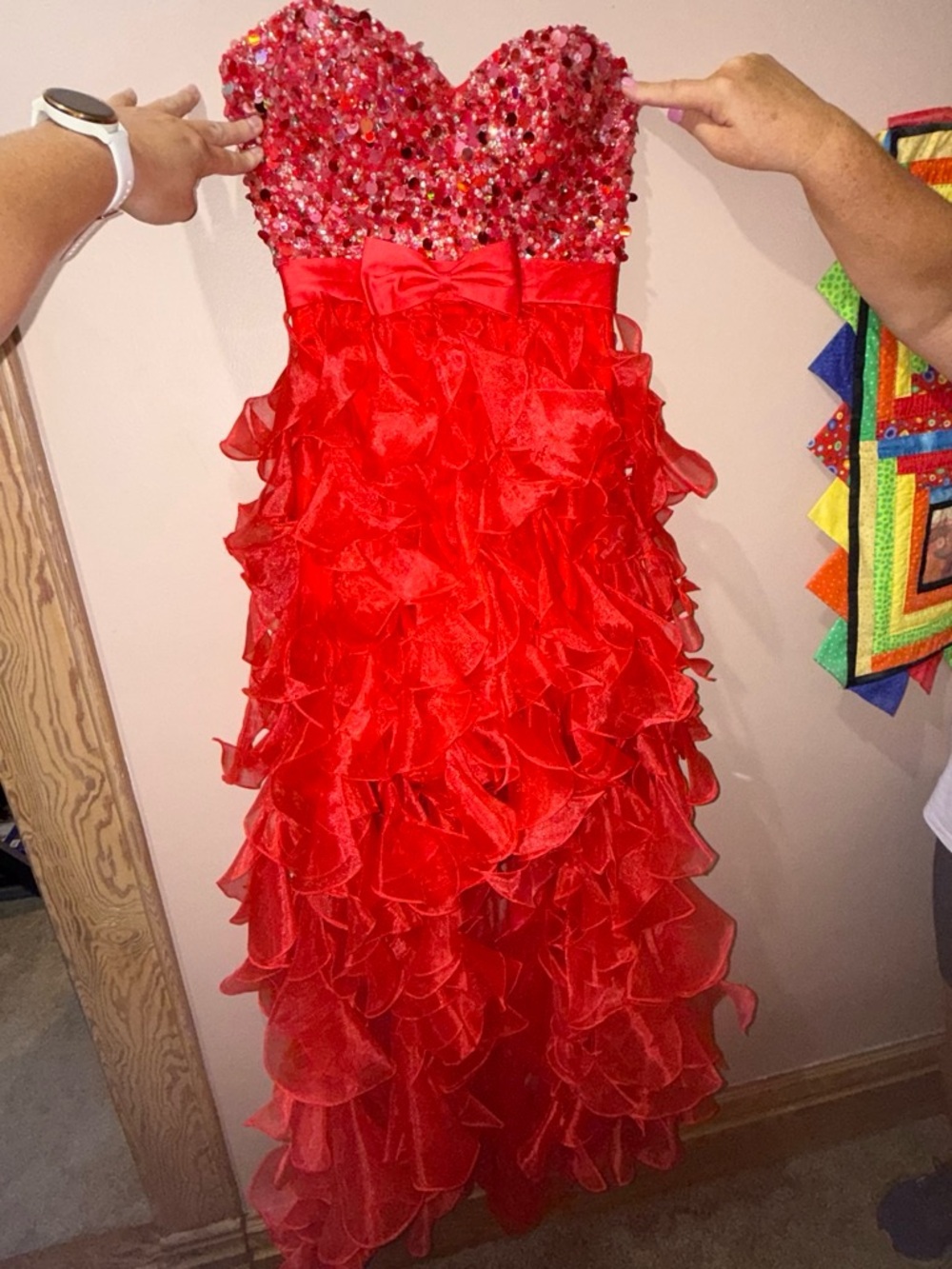 Sherri Hill Red Sequin Bodice Ruffle Gown for Kids